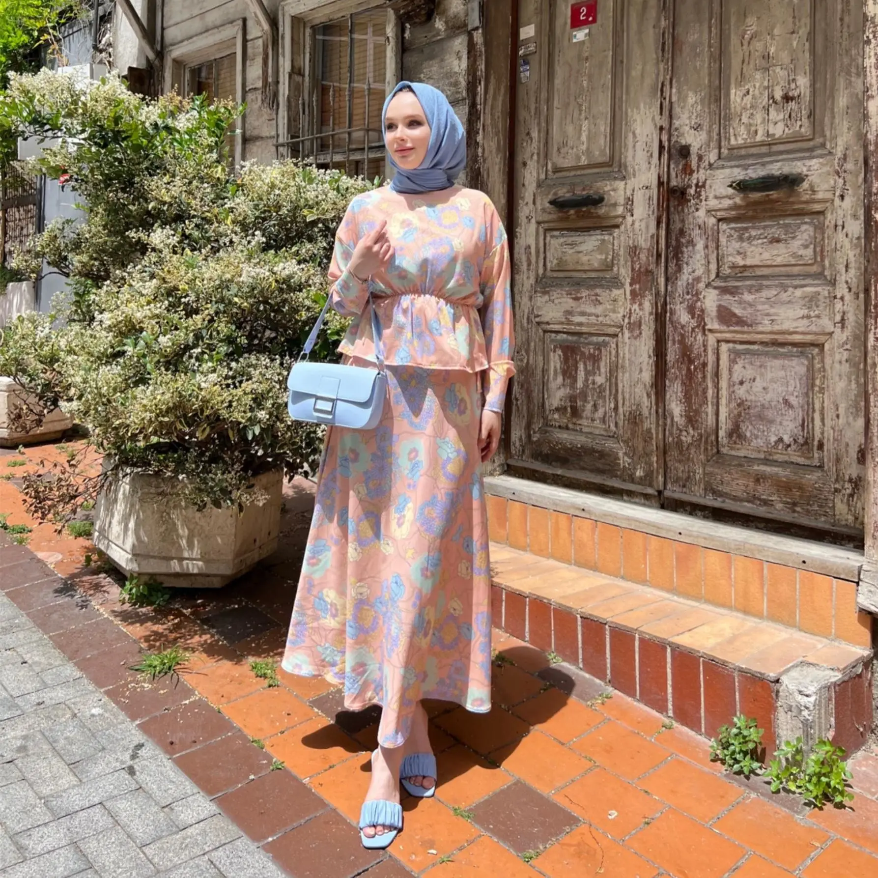 Women Modest Set Abaya Muslim Floral Printed Long Sleeve Blouse Loose Skirt 2 Piece Suit