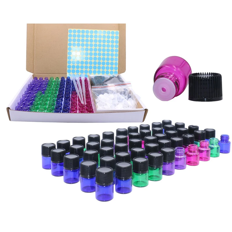 100 pack 1ml 2ml 3ml empty  glass essential oil bottle with air bubbles and orifice and hat makeup sample container