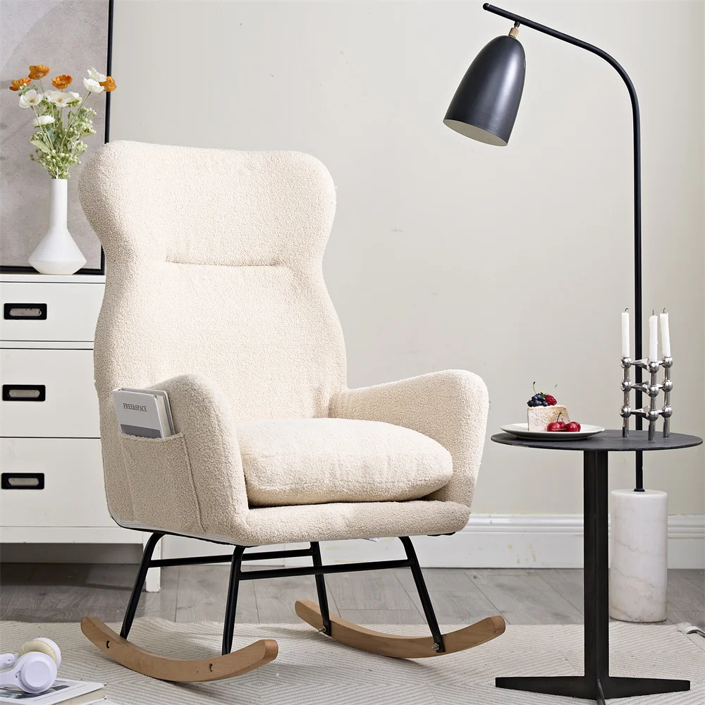 Modern Rocking Chair with High Backrest Teddy Material Comfort Arm Rocker Lounge Armchair for Living Room Bed Room