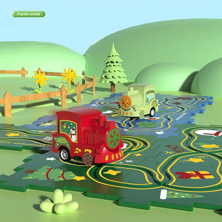 5pcs Jigsaw Educational Puzzle DIY Christmas Track Toy Mini Electric Battery Rail Track Car For Kids