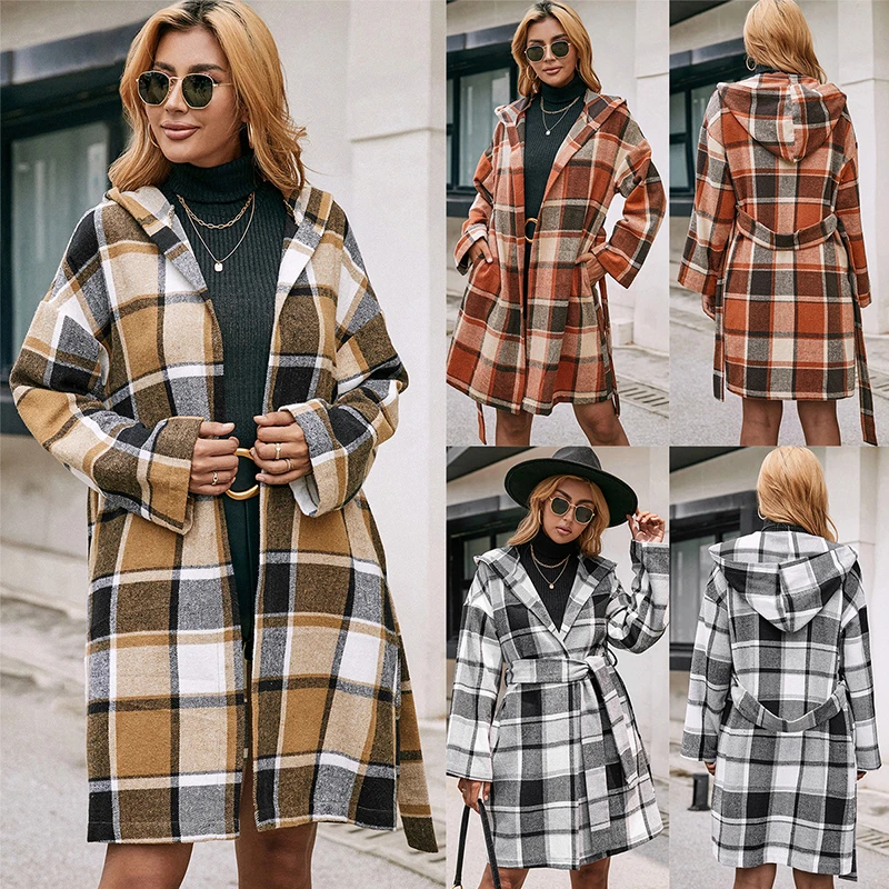 Loose Casual Plaid Coat Mid-Length With Belted Hooded Overcoat Jacket Plaid Woolen Coat Women