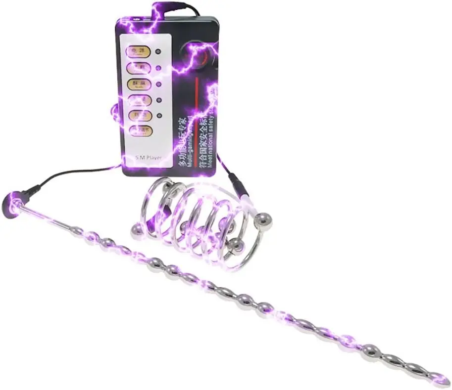 SM Electric Shock Stainless Steel Beads Urethral Dilators Long Electric Urethral Plug Cock Ring Set
