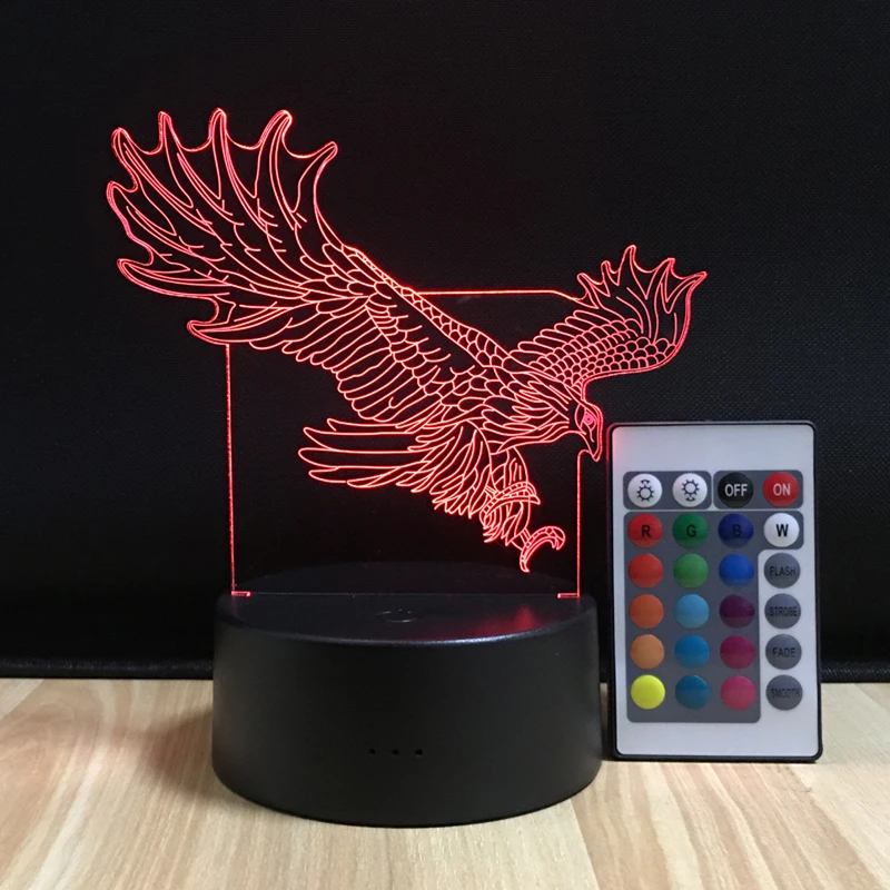 3D Eagle USB Night Light LED Remote Control Table Lamp Illusion 16 Colors Battery Desk Lamp