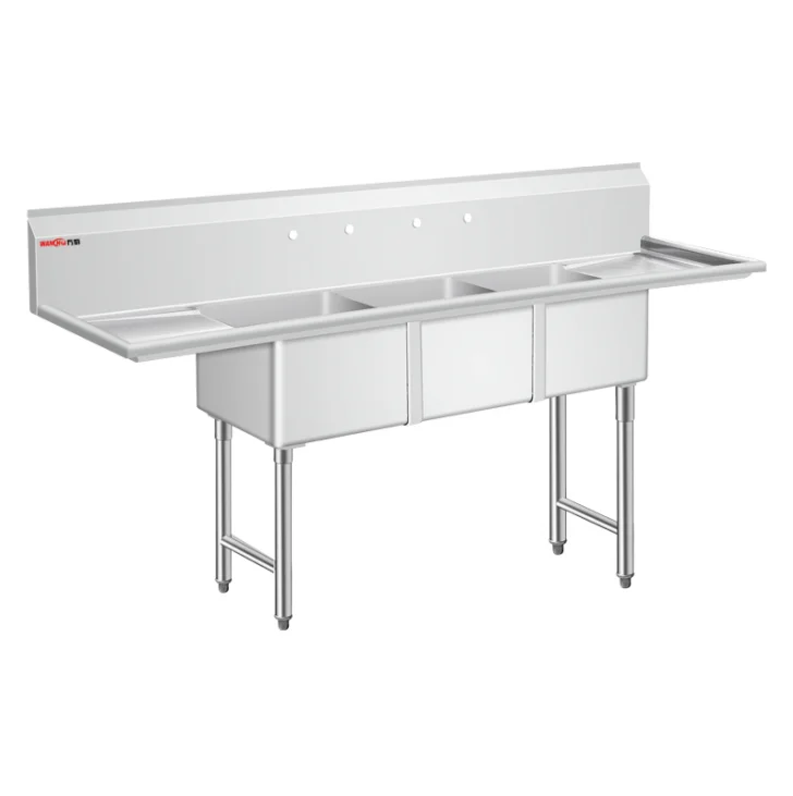 NSF Restaurant American Style Kitchen Wash Sink Customized Three Bowls Stainless Steel Commercial Sink Prep Table Factory
