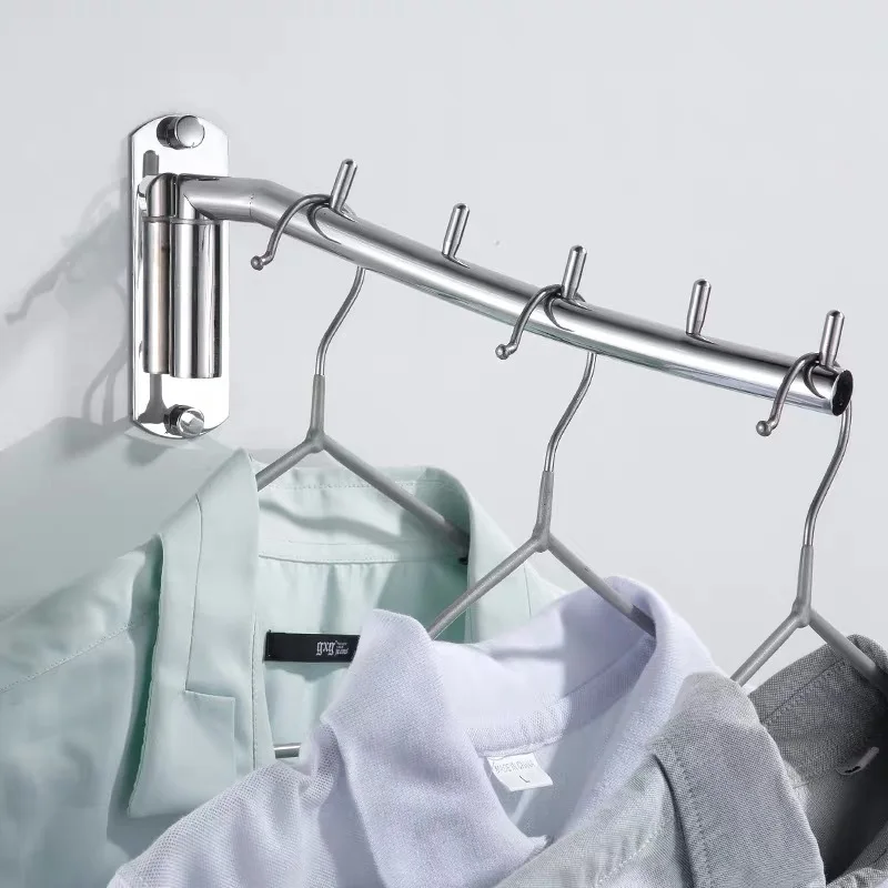 Movable Stainless Steel Wall Mounted Clothes Hanger Rack Swing Arm Holder Hanging System Closet Storage Organizer