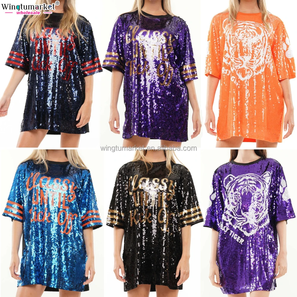 Wholesale cheerleading uniforms glitter t shirt mini dress tiger orange red woman game day sequin football women dresses