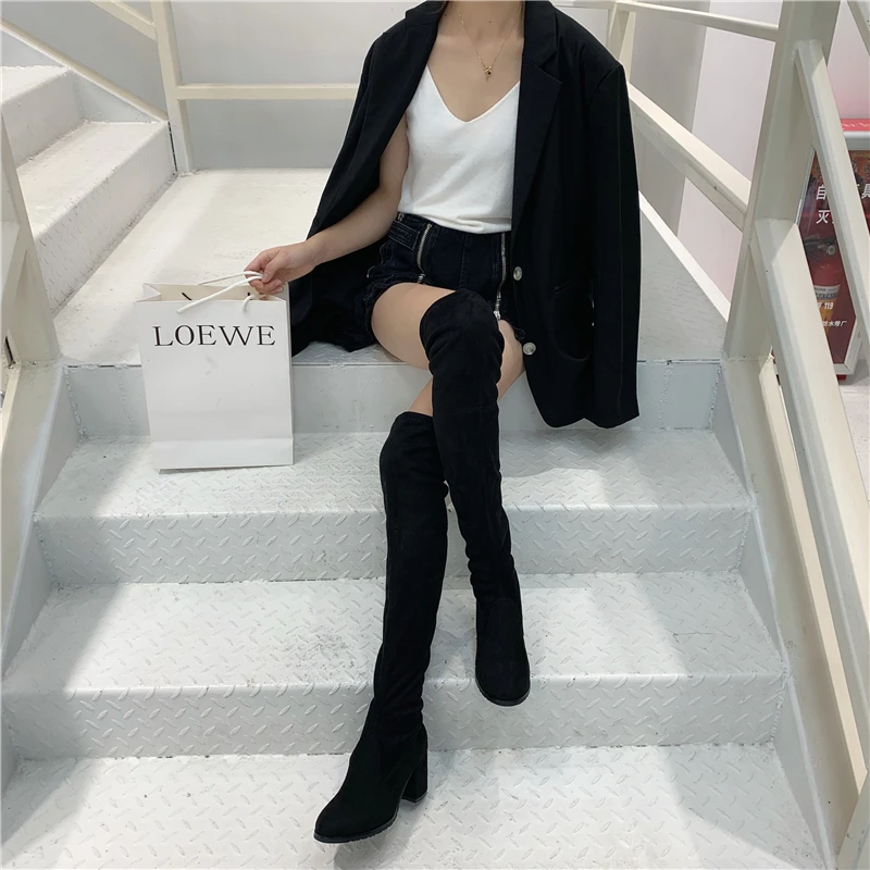 323 plus size women chunky shoes black knee high boots