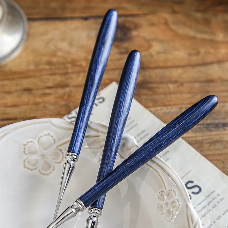 High Quality Flatware Stainless Steel Home Cutlery Camping Fork Spoon Knife Set With Blue Wooden Handle