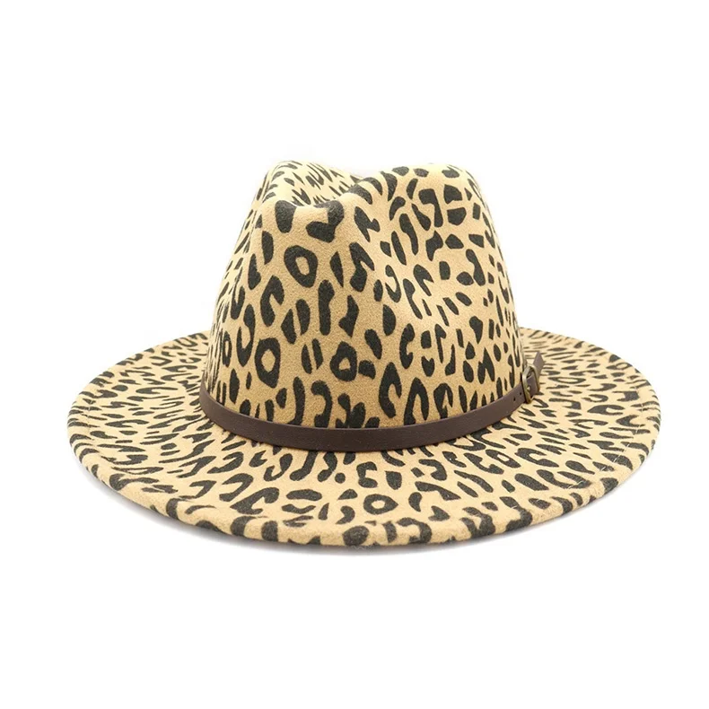 Wholesale Winter Lady Church Fedora Wide Brim Hats Belt Decoration Vintage Leopard Men Felt Hat Blanks Wholesale
