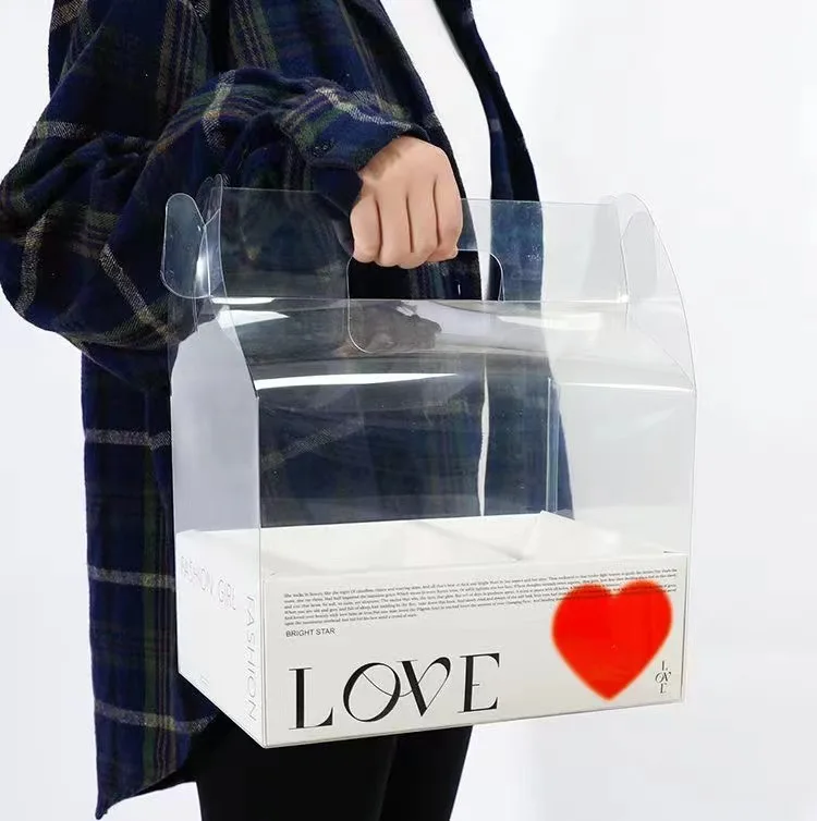 Exquisite Flower Cake Box Floding Transparent Christmas Anniversary Empty Gift Dessert Paper Packaging Box  With Handle