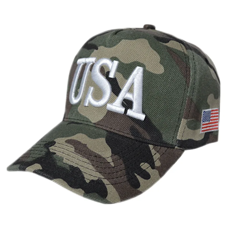 Wholesale Outdoor Colorful Red Camouflage Usa President Election 3d Embroidered Baseball Snapback Cap Hat With American Flag