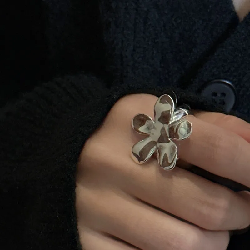 Exaggerated Smooth Big Flower Adjustable Finger Rings 925 Sterling Silver Women Popular Chunky Jewelry