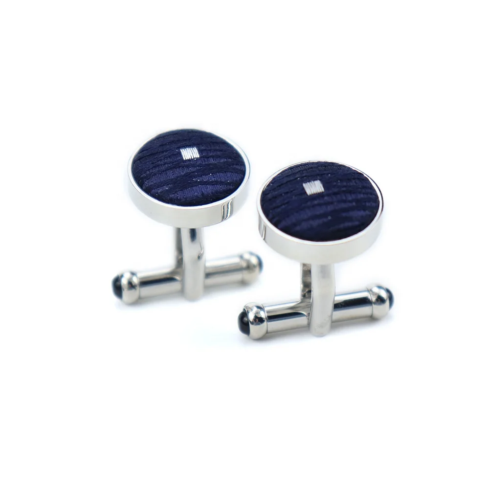 Dark Blue Geometric Design Stainless Steel Round Shape Cufflink High Quality Hand Made Silk Fabric Cufflinks Custom
