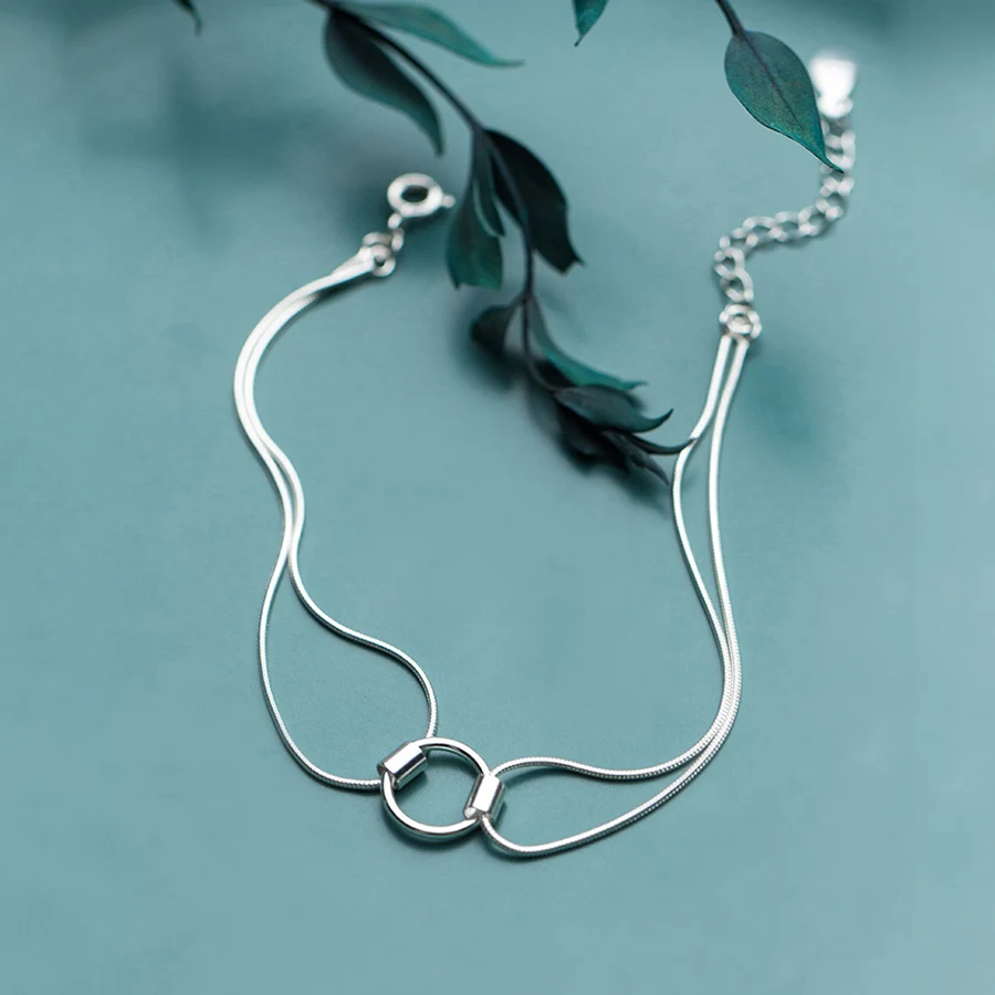 Interlocking Silver Circle Bracelet 925 Sterling Silver Bracelet For Women Geometric Round Double Snake Chain Summer Accessories
