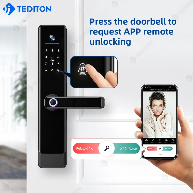 Tediton Fechadura Digital Smart Lock Tuya App Wifi Camera Mortise Electronic Handle Biometric Fingerprint Door Lock Outdoor