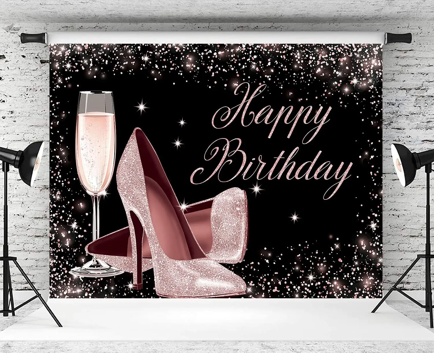 Rose Gold Glitter Happy Birthday Backdrop High Heels Champagne Glass Photography Background for Adult Women Birthday Party