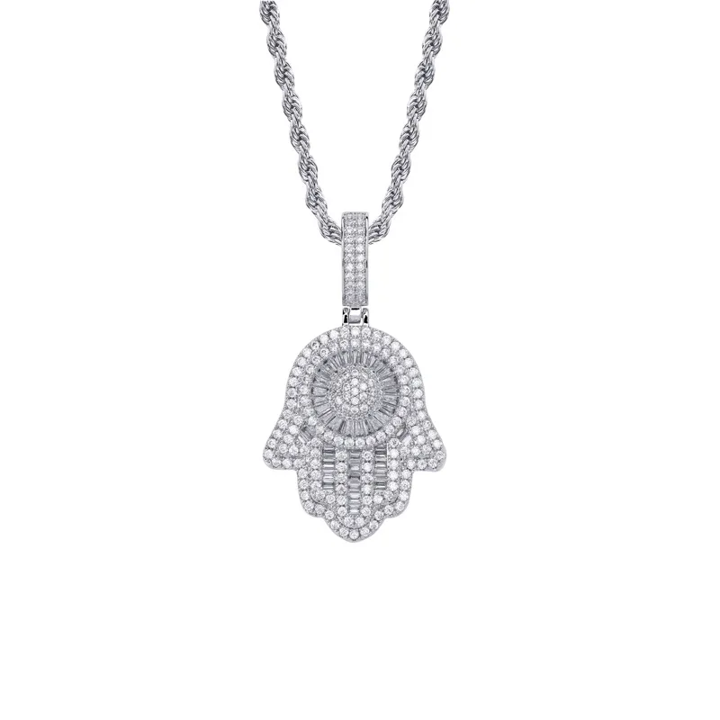 Iced Out Vintage Jewelry 18k Gold Plated AAA CZ Micro Pave Baguette Hamsa Hand Pendant Necklace
