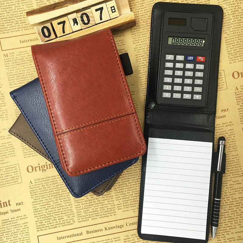 Wholesale Custom Logo A7 PU Leather Pocket Notepad Holder High Quality Promotional Leather Notepad Mini Memo Pad with Calculator
