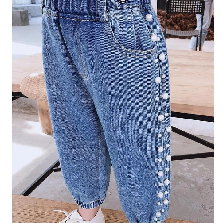
2020 autumn Korean kids children beaded light-colored beam casual trousers pearl Girls long jeans 