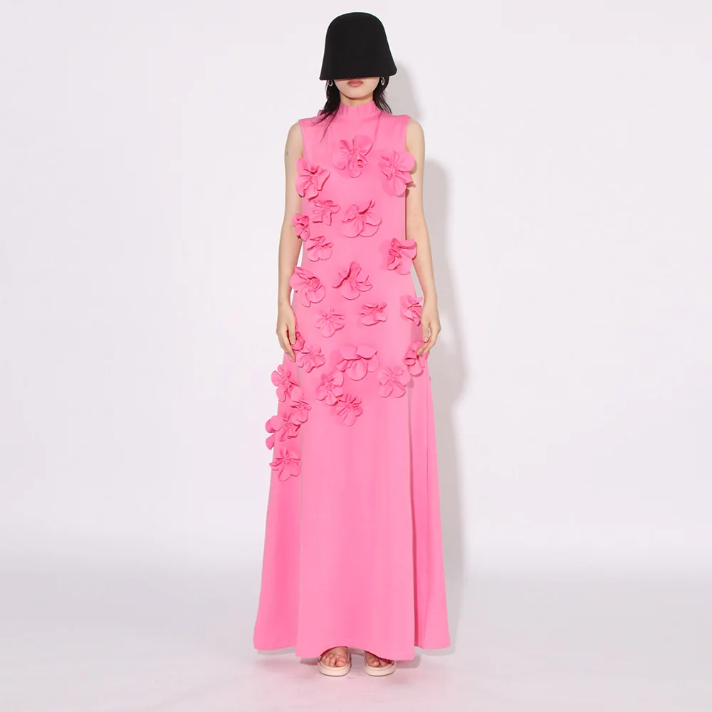 TWOTWINSTYLE 2024 New Socialite Style Three-Dimensional Flower Design Stand Collar Sleeveless Knee-Length Dress