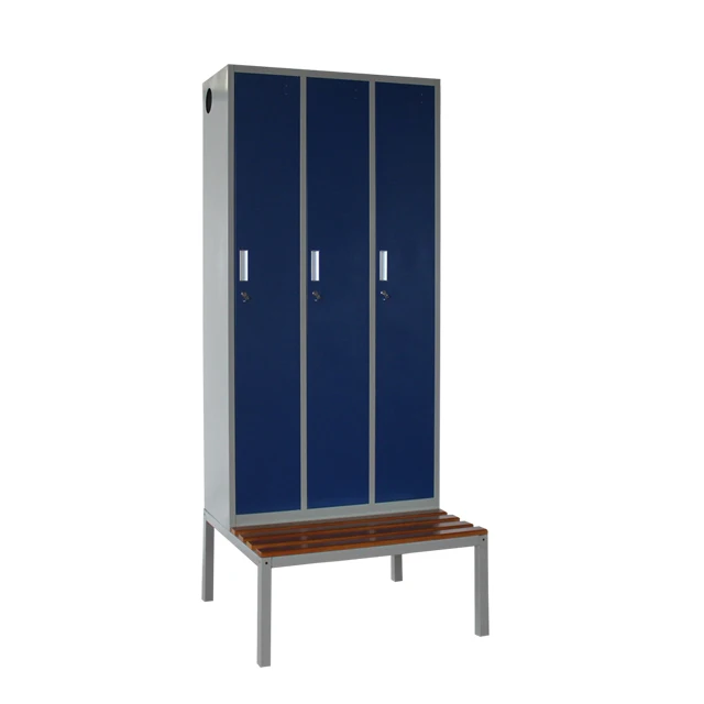 Useful Triple Compartment Metal Almirah Design Steel Locker Room 3 Door Lockers With Bench