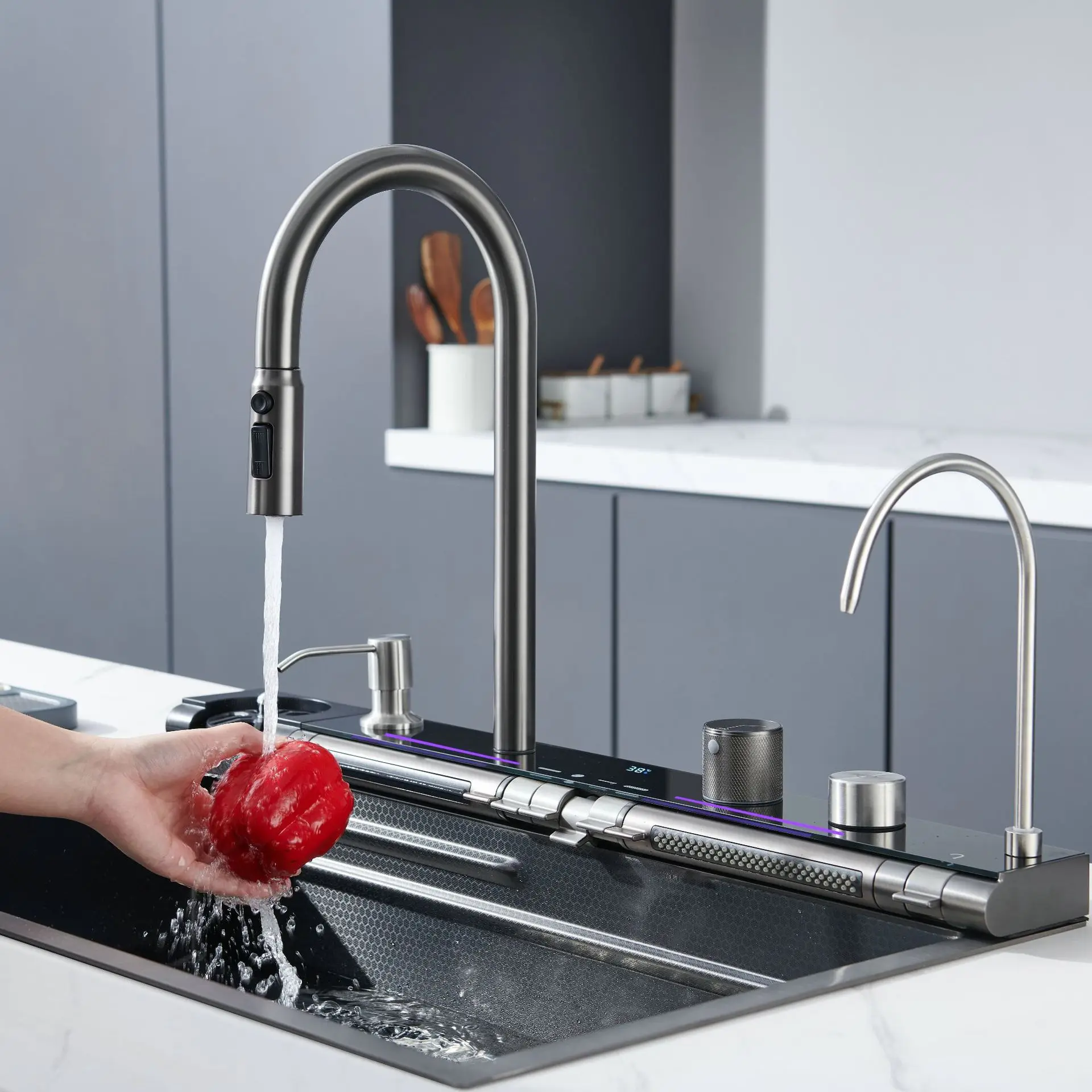 LED Digital Display Rainfall Kit Pia De Cozinha Inox Kitchen Sink Piano Key Nano Modern Smart Double Waterfall Kitchen Sink