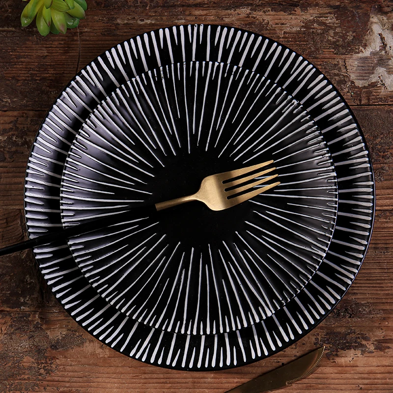 Рельефная фарфоровая посуда CANHUI, посуда, Сервировочная тарелка, западный ресторан, гостиница, керамическая круглая матовая черная обеденная тарелка