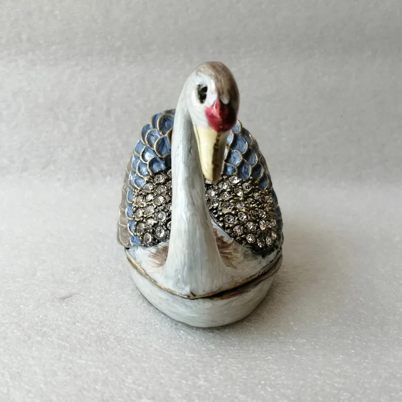 Antique Brass White Blue Hand Epoxy And Jeweled Swan Design Metal Zinc Alloy Jewelry Trinket Box