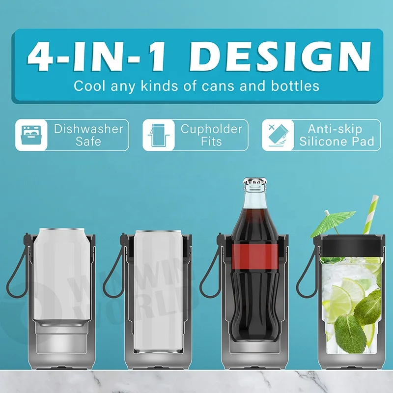 
4 in 1 Portable 12oz Slim Sublimation blank Vacuum Insulated Double Walled Stainless Steel Beer Bottle and Can Cooler 