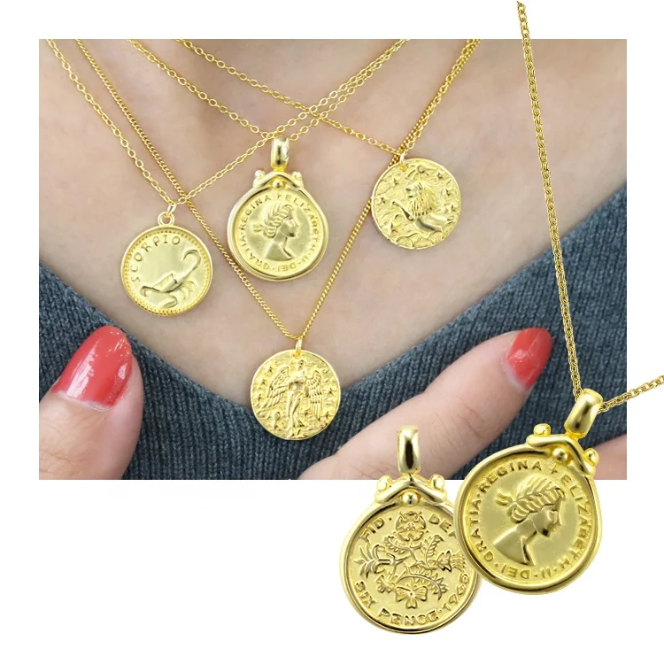 18K Gold Plated Gorgeous Queen Elizabeth II Disc Silver Jewelry 925 Dainty Commemorative Coin Pendants Necklace For Women