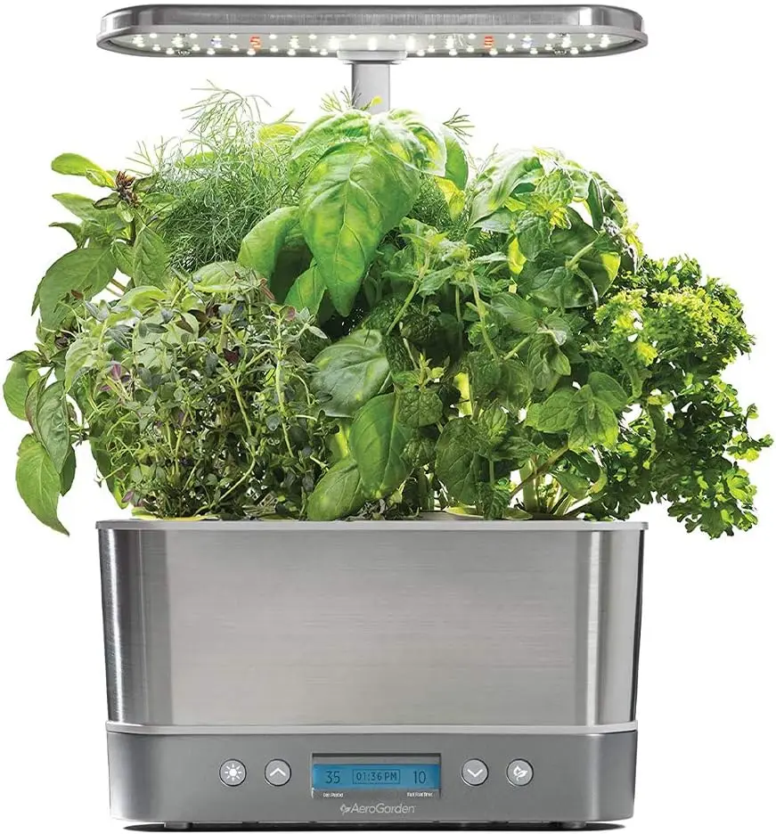 AeroGarden Harvest  Slim Hydroponic Indoor Garden Kit 6 Plant Capacity Stainless Steel LED Grow Light Hanging Glass Pots