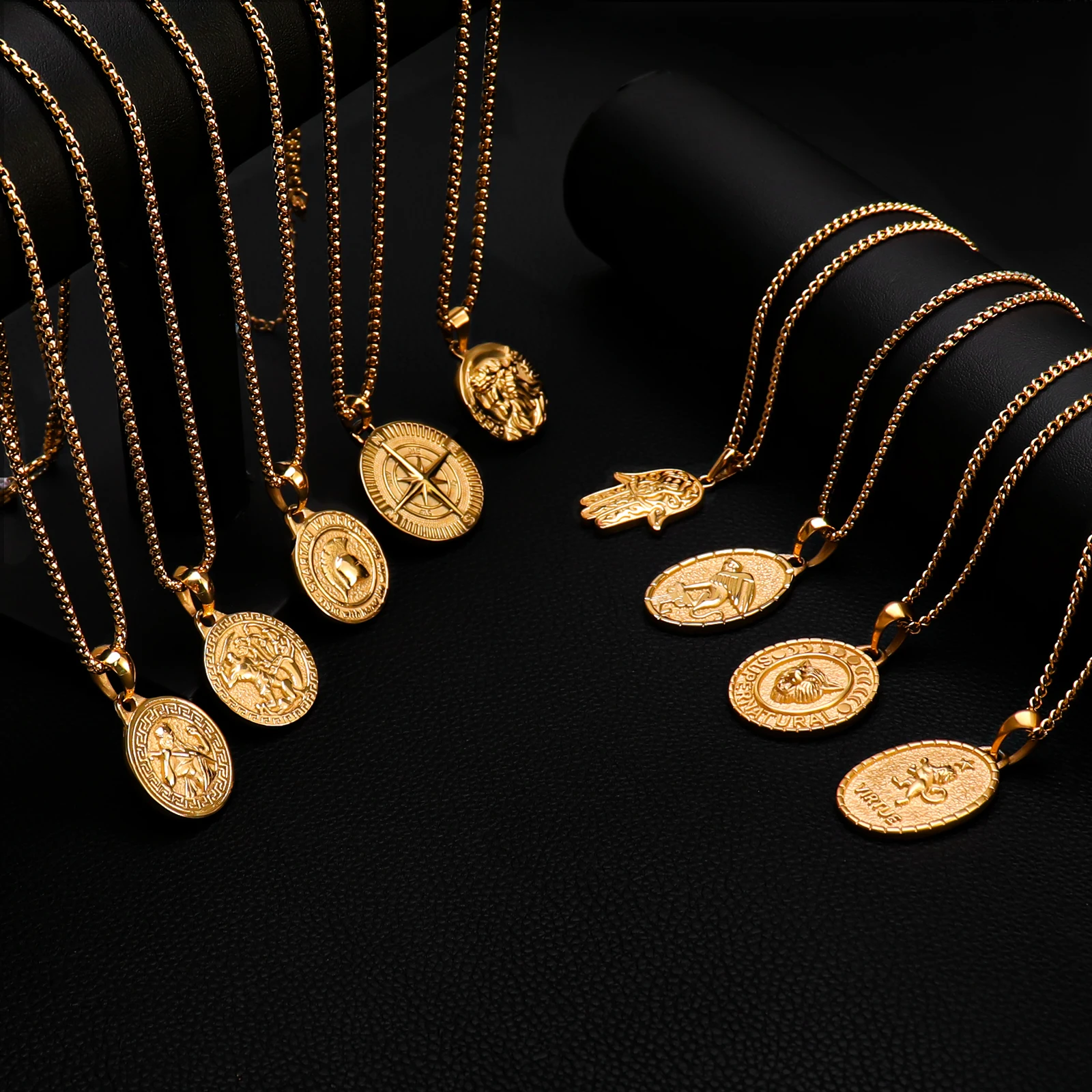 New Custom Fashion Fine Jewelry Medallion Compass Stainless Steel Coin 18K Gold Plated Gold Pendant Necklaces For Mens