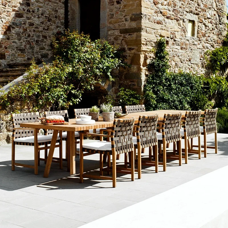 Pastoral Style Patio Outdoor Wood Table and Chair set Garden Furniture Rattan Chairs Teak Dining Table