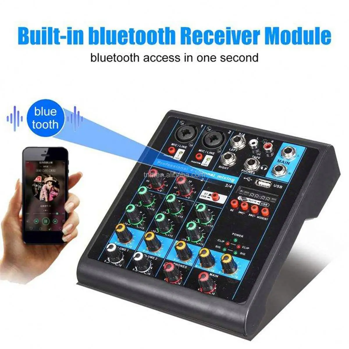KR-4 4-Channel DJ Audio Mixing Console Support Blueteeth Monitor 48V Power for Karaoke Party Recording Webcasting