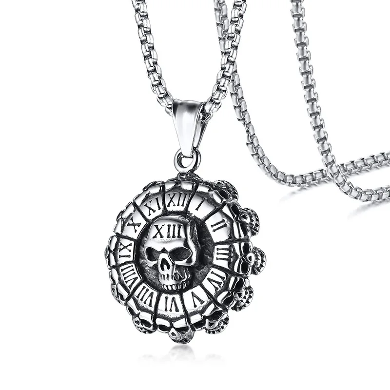 Rock Street Punk Style Roman Numeral Ghost Head Casting Skull Pendant Men Stainless Steel Skull Necklace
