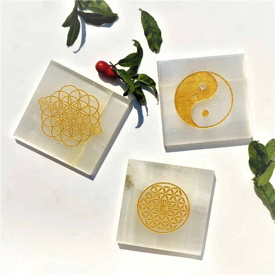 Selenite Carved Coaster Feng Shui Style AGATE Home Decoration Gemstone Type Selenite Carving Symbols Plate Selenite Crystal
