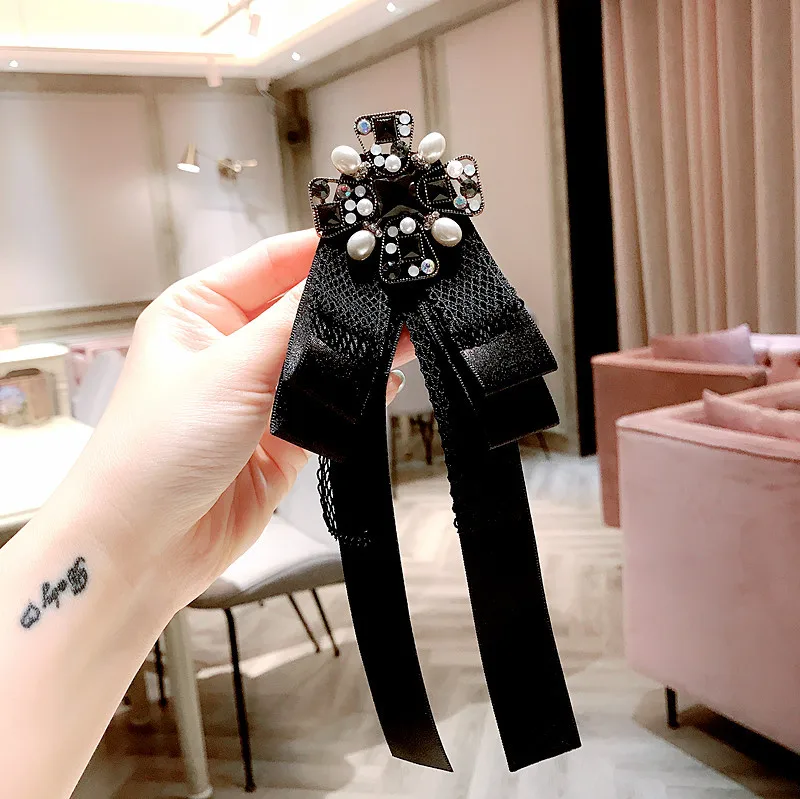 black pink lace silk fabric ribbon bow butterfly brooch necktie pearl crystal cross cloth collar accessories girl female brooch