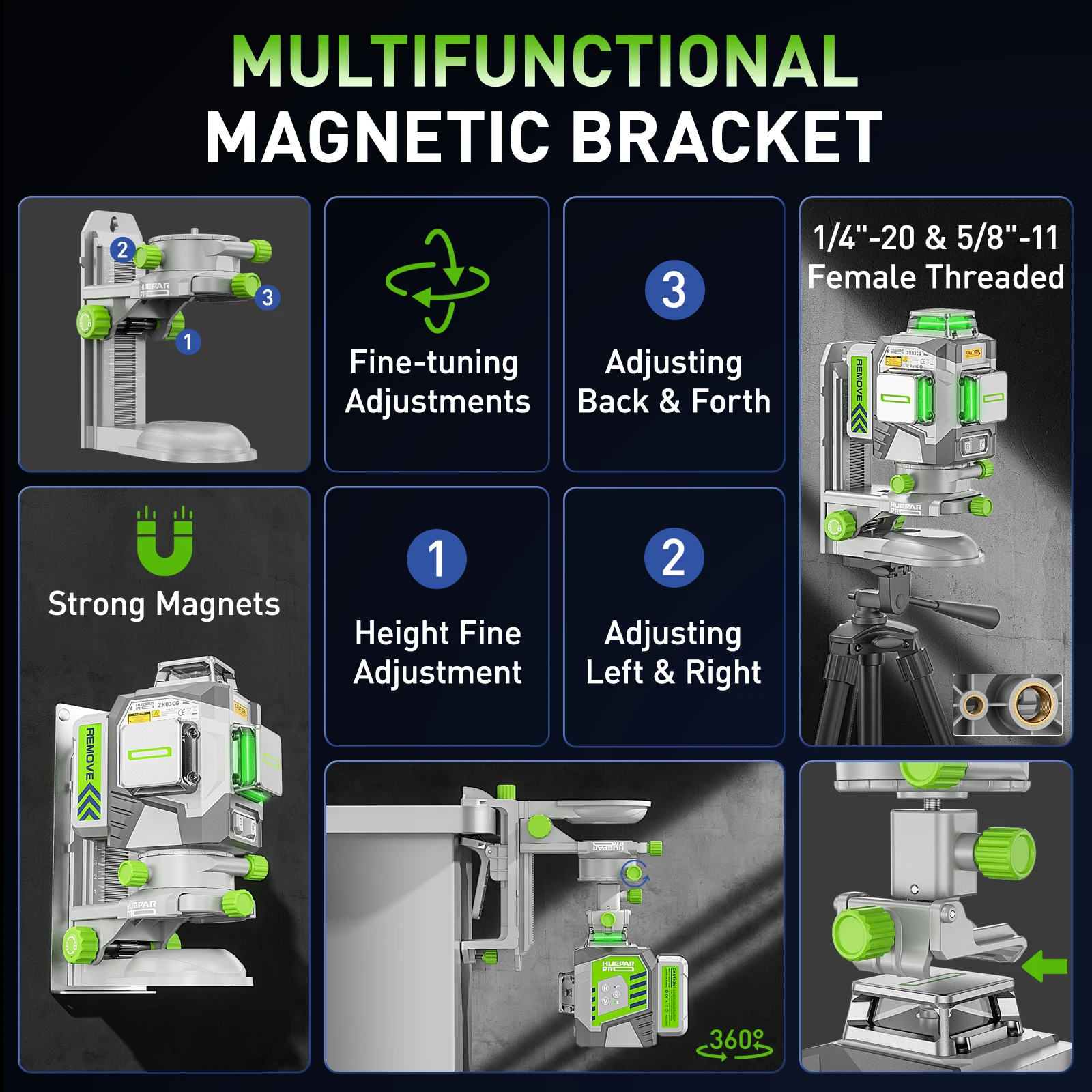 Huepar ZK03CG 12 Lines Multifunctional 3D Laser Level 360 Degree Horizontal And Vertical Self-Leveling Machine Tool Kit