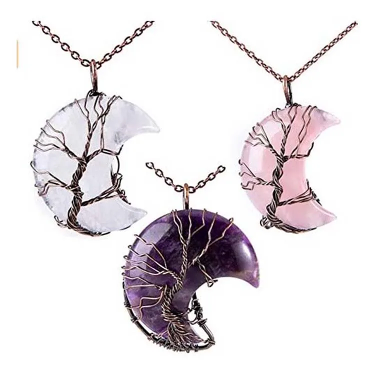 ML Tree of Life Wire Wrapped Crescent Moon Pendant Necklace Reiki Healing Crystal Stone Necklace Natural Gemstone Quartz Jewelry