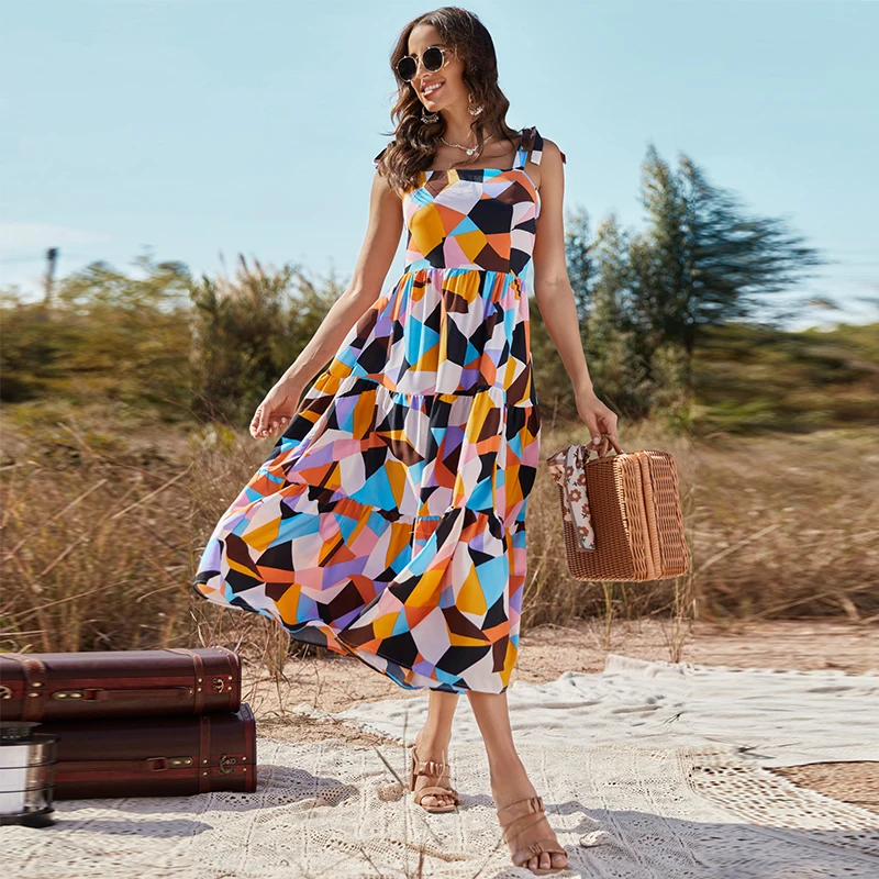 2022 Fashionable woman colorful sleeveless backless maxi dress Casual midi dress Chiffon Polyester Floral Printed Long Skirt