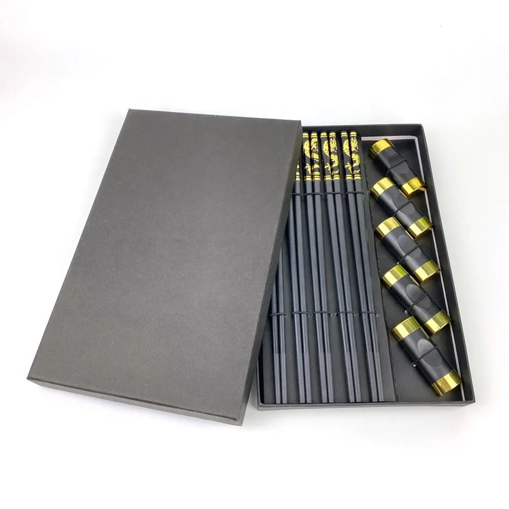 Hot Sale Reusable Chinese Style Gold Dragon Pattern  Black PPS Fiberglass Chopsticks With Holder For Restaurant