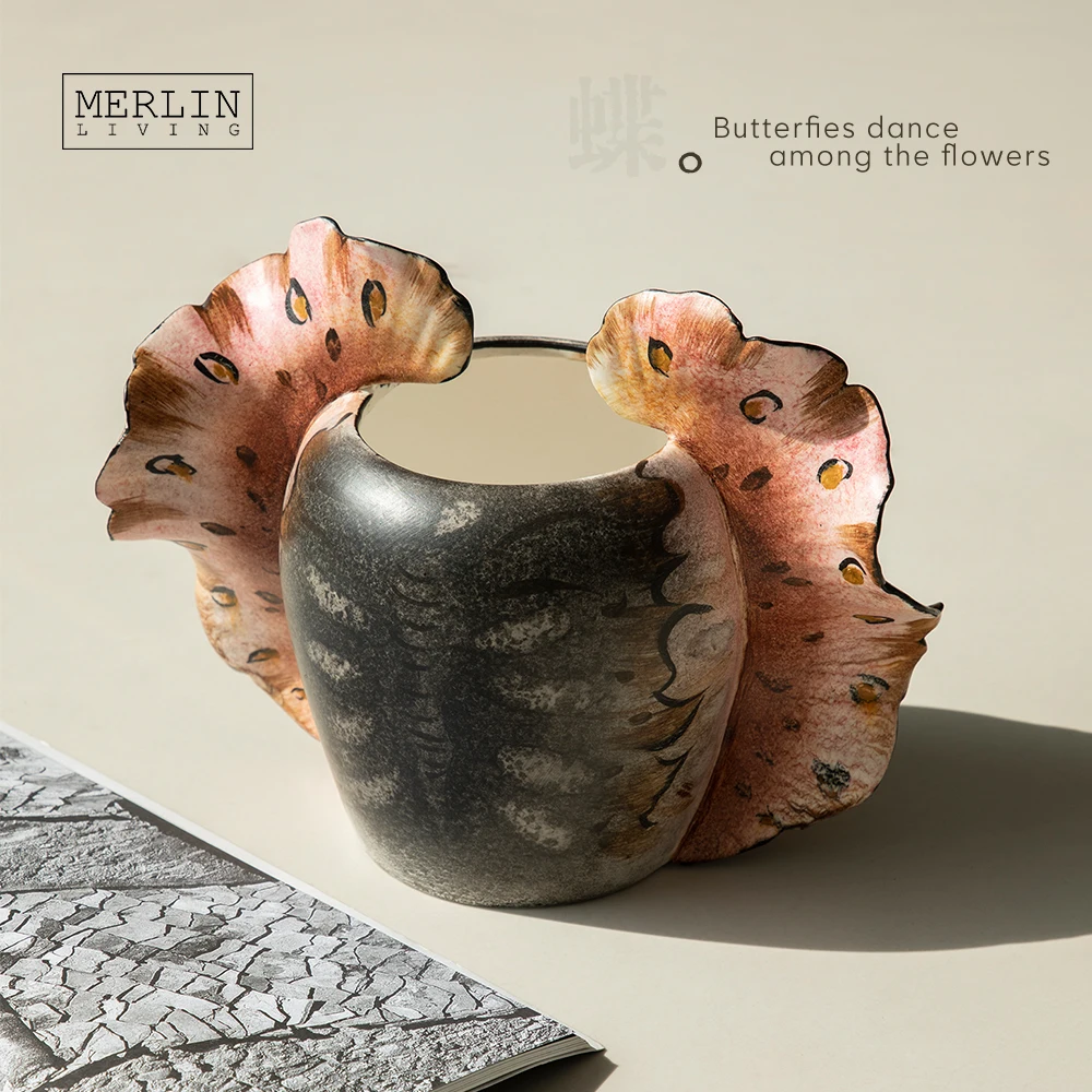 Merlin Living Hand Painting flower vase for home decor butterfly vase ceramic decoration Chaozhou Ceramic Factory Wholesale