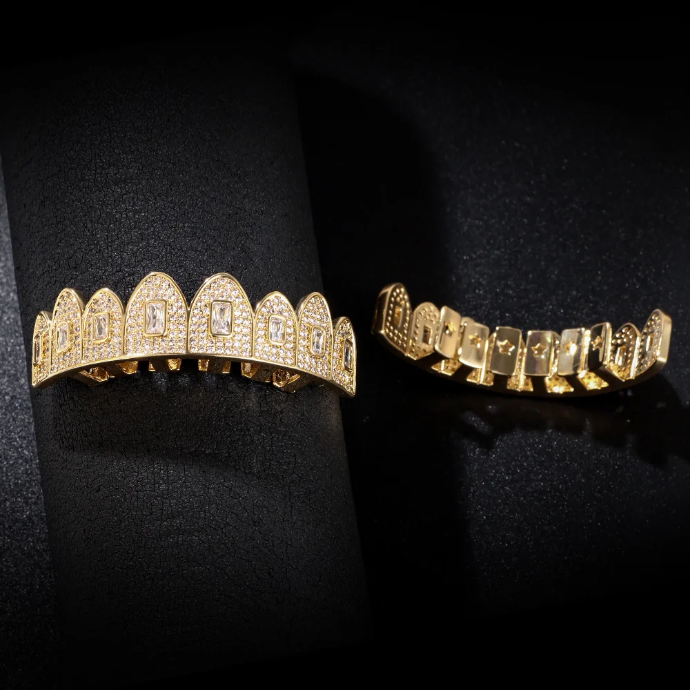 Wholesale 14K White Gold Plated Mouth Grillz Hip Hop Iced Cubic Zirconia Teeth Grillz Diamond Top&Bottom Grillz For Men