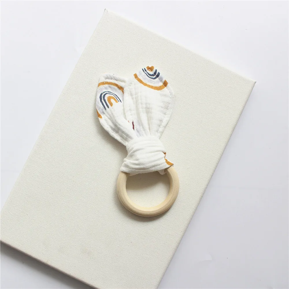 Baby Wooden Ring Teether Soft Cotton Rabbit Ear Comforting Toy Teething Sensory Rattle Shower Gift for Infants Newborn