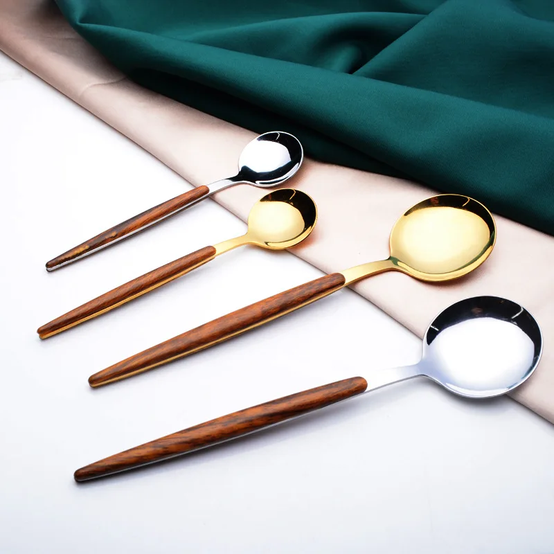 Stainless Steel Round Spoon  Wooden Handle Fork Spoon Fruit Fork Stirring Spoon Tableware