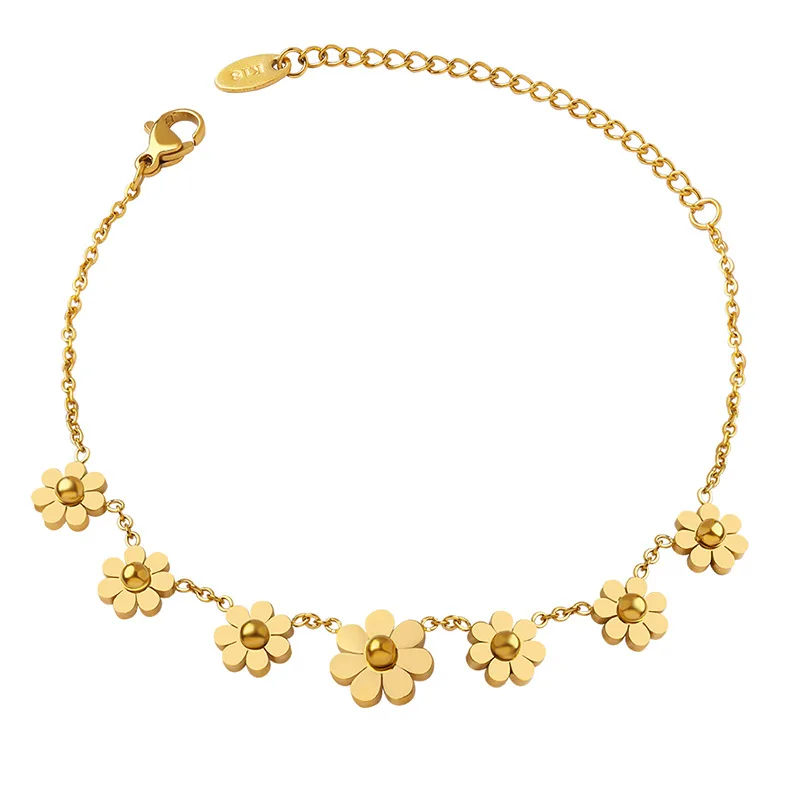 Anti Fade Stainless Steel Flower Chains Bracelet Adjustable 18K Gold Plated Multi Flower Daisy Charm Bracelet