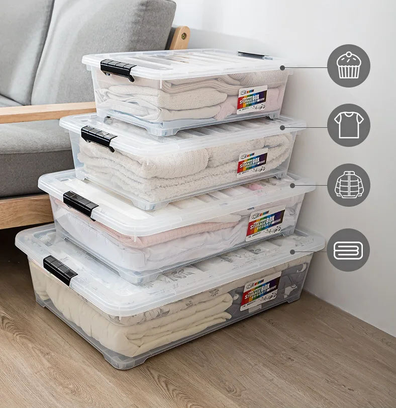 New patented product  transparent plastic four wheels clothes storage box with lid