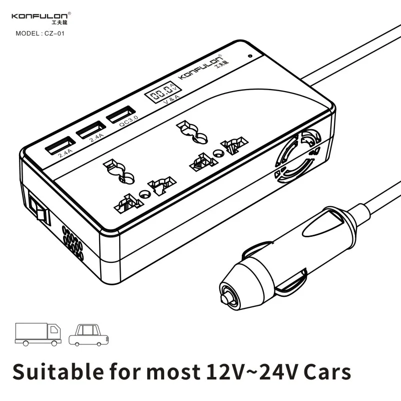 Konfulon 2024 Best Selling Car Inverter portable car inverter 200W Power Inverter 2 AC Outlets 3 USB Ports charger Adapter