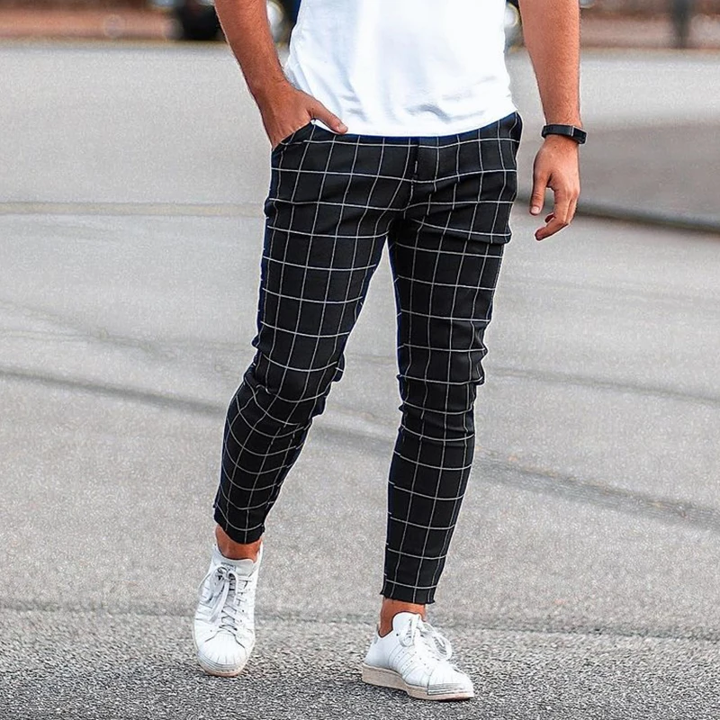 XINBO 2022 Gray Print Plaid Stretch Man Trousers Skinny Custom Wholesale Slim Fit Chino Casual Long Pants For Men