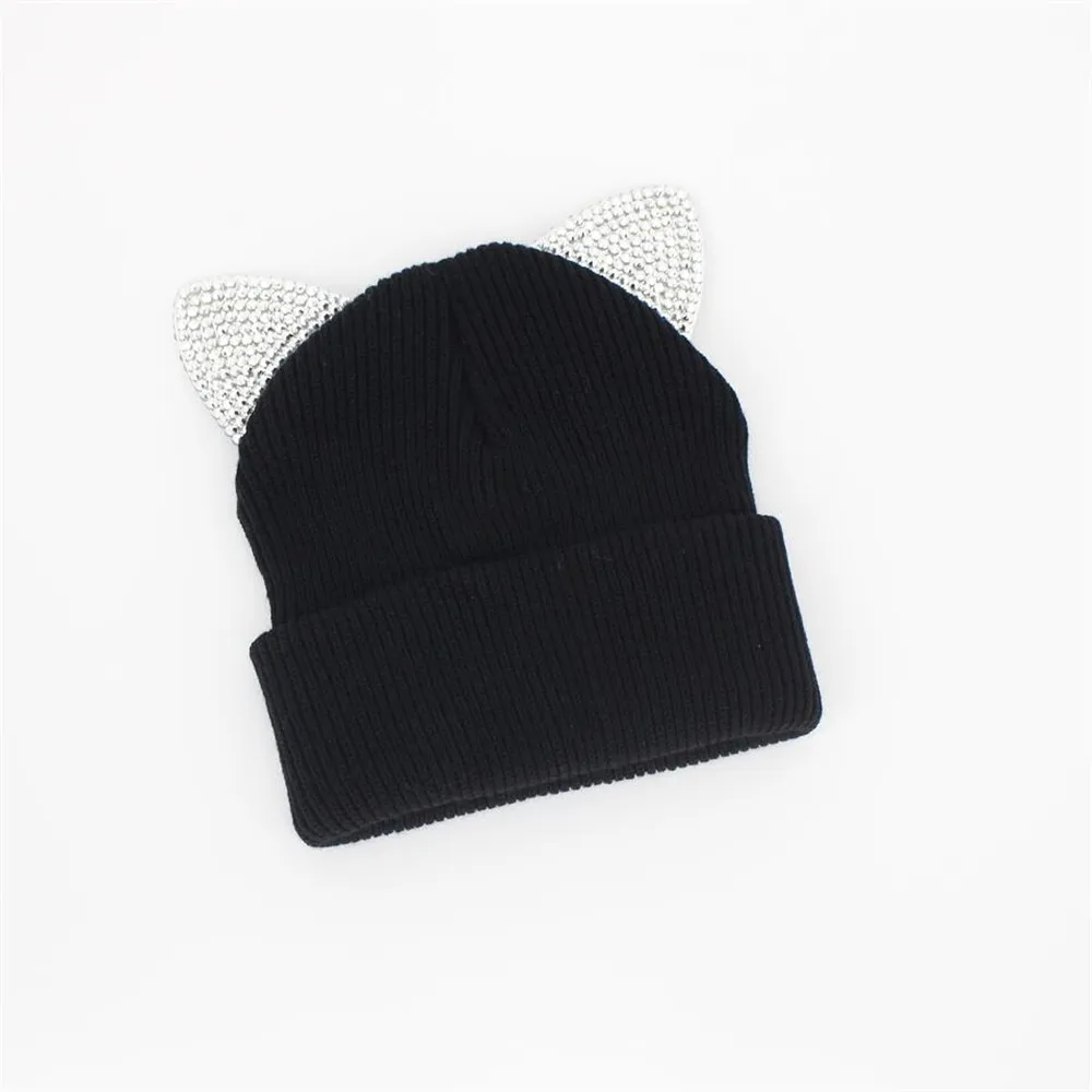 Шапка-бини с камнями зимняя шапка для женщин Новое поступление милая Теплая Вязаная в рубчик кошачьими ушками и стразами девушек
